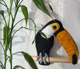 Needle felted toucan, bird, zoo, black, yellow, white, swing