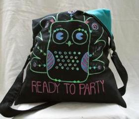 Black linen tote bag with acrylic owl painting