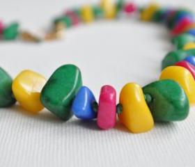 Necklace from natural stone beads, colorful, pink, green, yellow, blue