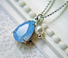 Swarovski Crystal Air Blue Opal Pendant Necklace. White Pearl. Matte Silver Ball Chain