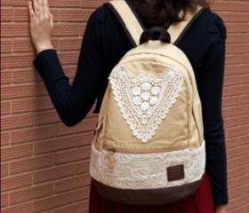 Beige Canvas Backpack With Lace