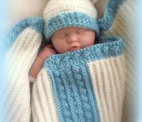 Baby Receiving Blanket and pom pom crochet hat