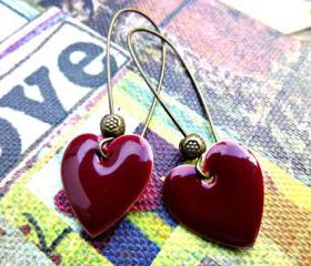 Dark red Heart Earrings, Enamel Earrings. Valentines day. Heart. Romance. Kidney Ear Wires. Victorian Heart Charm Earrings.