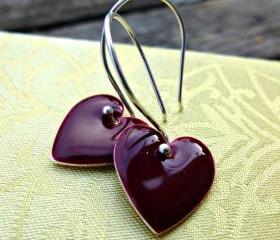 Merlot wine, dark red Heart Earrings, Enamel Earrings. Valentines day. Heart. Romance. Sterling silver Bali Ear Wires. Victorian boho