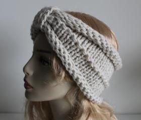 Chunky handmade knitted crochet headband head warmer hat cap cream
