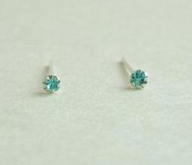 SALE - 2 mm Very Tiny Aquamarine Blue CZ Cartilage Ear Studs- 925 Sterling Silver Earrings - Cartilage Earring - gift under 10