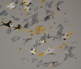 Whimsical Bird mobile Yellow/Gray/Black/White, Nursery Decor, Baby Shower Gift, Chandelier 
