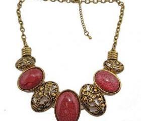 Women Fashion red Resin Gem Hollow Out Metal Flower Choker Necklace