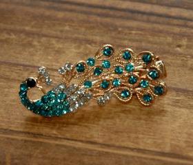 Turquoise Rose Gold Rhinestone Peacock Duck Clip
