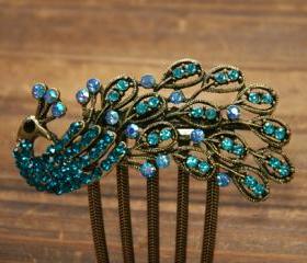 Gold Plated Teal Blue Rhinestone Peacock Hair Comb