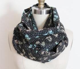 Infinity Scarf in Black with Pastel Bows and Dots Girly Circle Loop Scarf 