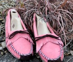 Womans Pink Moccasin with Brown Canoe Sole 