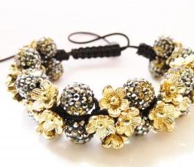 NEW Black & Gold Flower Shamballa Bracelet