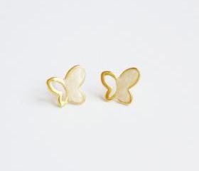 SALE - Large White Gold Butterfly Stud Earrings - Gift under 10