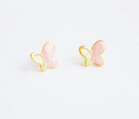 SALE - Large Pink Gold Butterfly Stud Earrings - Gift under 10