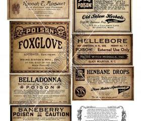 Vintage Poison Apothecary Halloween Witch Potion Label Digital Download Collage Sheet Various Poisons
