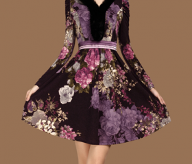 Lady printed cultivate one's morality long sleeve rabbit fur collar costly dress - L2201
