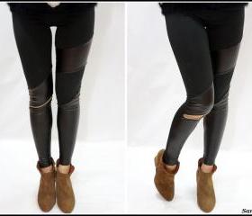 Leather patches leggings with zipper ON SALE