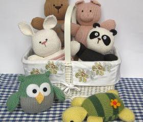 Six toy animal knitting patterns - rabbit, cat, panda, turtle, pig and owl