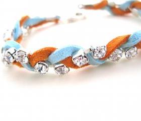 Leather and Rhinestone Bracelet, Stackable Bracelet, Powder Blue, Orange
