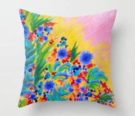 NATURAL ROMANCE in PINK - Original Art Throw Pillow Cover 18 x 18 Floral Garden Sweet Feminine Colorful Rainbow Flowers Painting