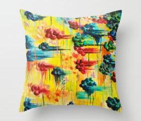 HERE COMES the RAIN - Original Throw Pillow Cover 18 x 18 inch, Abstract Acrylic Painting Rain Storm Clouds Colorful Rainbow Modern Impasto