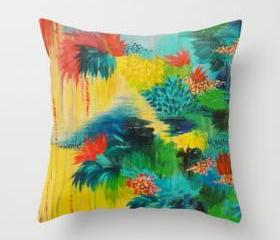 PARADISE WAITS - Beautiful Art Throw Pillow Cover 18 x 18 inch Colorful Tropical Abstract Acrylic Painting Crimson Kelly Green Lagoon
