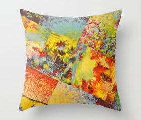 COLORFUL INDECISION 3 - Throw Pillow Cover 18 x 18 inches Wild Vivid Rainbow Abstract Acrylic Painting Mixed Pattern Pretty Art Gift