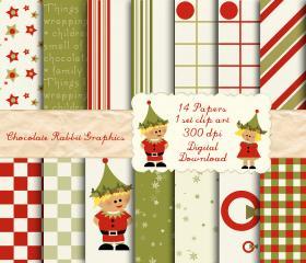 Christmas Digital Scrapbook Clip Art 14 12x12 Paper Pack Download Elf Holiday Papers Plus Clip Art