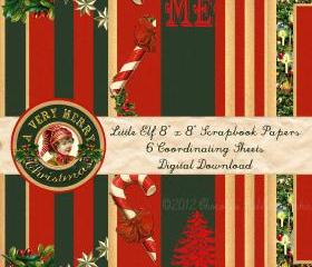 Christmas Digital Scrapbook Paper Pack Download 8 inch Red and Green Holiday 6 Papers