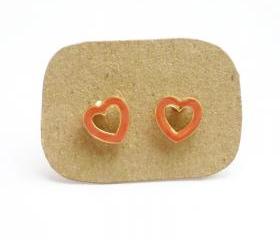 SALE - Salmon Orange Hear Stud Earrings - Gift under 10