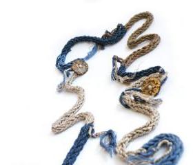 Extra Long Crochet Necklace Blue Brown Natural Cotton Layering Necklace Spring Summer Fashion by SteamyLab