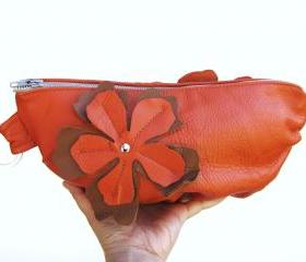 Medium sized orange Leather Clutch with flower applique on both sides