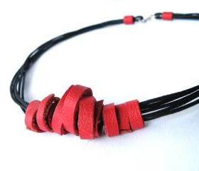 Multi Strand Necklace Tribal Leather Necklace. Recycled Leather. Red and Black Wearable Art Handmade by SteamyLab.