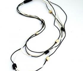 MultiStrand Boho Necklace Long necklace Cotton and Leather. Artistic Necklace Black and Cream Casual Necklace. Handmade by SteamyLab.