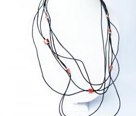 Multi Strand Boho Long Necklace Black Cotton Red Leather Fashion Italian Accessories Women by SteamyLab.
