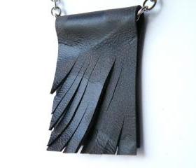 Long Necklace. Tribal Pendant. Pendant Necklace. Printed Recycled Brown Leather Fringes. Handmade by SteamyLab.
