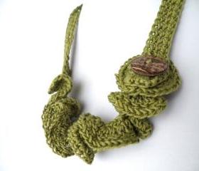 Crochet Necklace. Olive Green, Spring Summer Fashion French Eco-Cotton,Wavy, Coconut Button, Soft, Fresh Ideas, Handmade by SteamyLab.