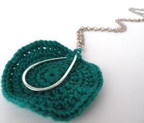 Long Pendant Necklace. Oval Hammered Aluminum. Emerald Green Crochet Woollen Disc. Handmade. All Occasions. Handmade.