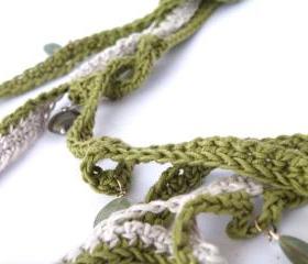 Long Multi Strand Crochet Necklace Spring Summer Fashion French Eco-Cotton Olive Green Cream Glass Beads Handmade by SteamyLab.