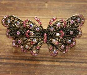 Pink Rhinestone Butterfly Barrettes Hair Clips