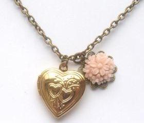Antiqued Brass Flower Heart Locket Necklace