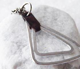 Hammered Aluminum Long Pendant Necklace. Geometric Necklace. Dark Brown Leather. Great Gift. Handmade by SteamyLab.