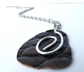Long Pendant Necklace. Tribal Necklace. Brown Recycled Leather. Crocodile Printed. Hammered Aluminum. Handmade by SteamyLab.