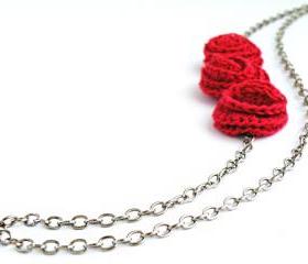 Crochet Rose Necklace Red Roses French Cotton Long Necklace Fall Winter Fashion Romantic Necklace by SteamyLab