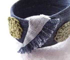 Hippie Denim Bangle Bracelet Recycled Plastic Jeans Bracelet Crochet jewelry French. Handmade.
