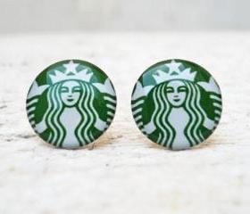Starbucks Coffee Earrings in Green White, Ear Studs Posts, Upcycled Jewelry