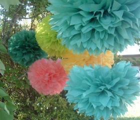 7 Tissue paper pom poms. Party decoration.