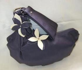 Purple Leather Wristlet with cream and purple flower applique
