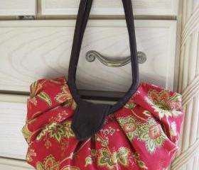Large red floral canvas pleated hobo bag